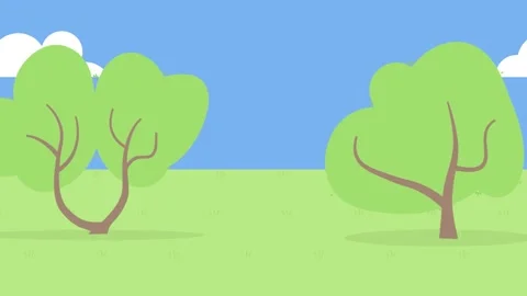 Two Cartoon Trees on Green Grass Under Blue Sky nature Stock Footage 340471592