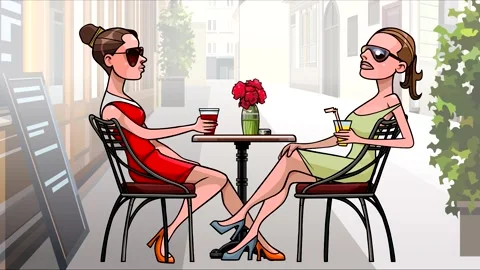 Two cartoon women chatting while sitting at a table in a cafe 動画素材 237010453