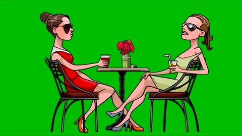 Two cartoon women chatting while sitting at a table on a green background Stock Footage 237010454