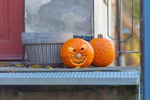 Two Carved Pumpkins Stock Photos