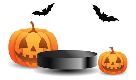 Two carved pumpkins with smiling faces and flying bats around a round display Stock Illustration