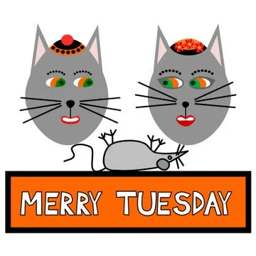 Two cat faces with caps smiling,with inscription "merry tuesday" Illustrazione stock