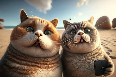 Two cats are standing on the beach with a cell phone in their hands and one.. Stock Illustration