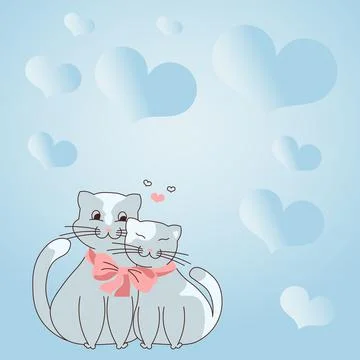 Two cats cuddling tied together with bow and hearts in the background display Stock Illustration