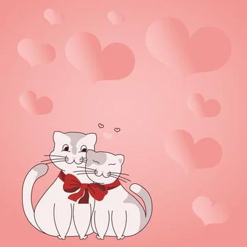 Two cats cuddling tied together with bow and hearts in the background display Stock Illustration