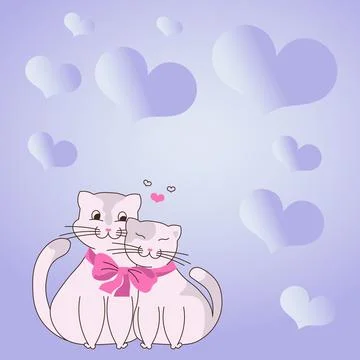 Two cats cuddling tied together with bow and hearts in the background display Stock Illustration