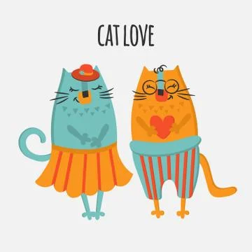 TWO CATS Hand Drawn Flat Design Cartoon Vector Illustration Stock Illustration