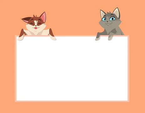 Two cats holding white blank sheet paper. Empty banner for advertising, happy Stock Illustration