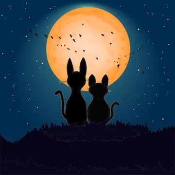 Two cats silhouettes on fullmoon background. Romantic love cats. Stock Illustration