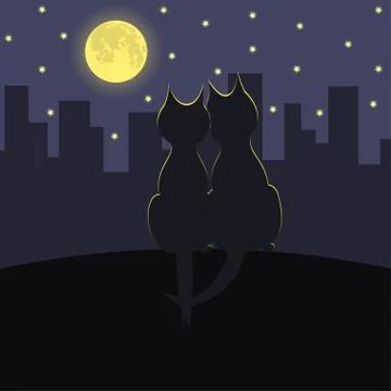 Two cats sit closely pressed to each other and looking at the moon. Silhouett Stock Illustration