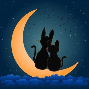 Two cats sitting on the crescent moon. Yellow moon and romance cats. Stock Illustration