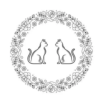 Two cats sitting facing each other inside a large circular floral frame wit.. Stock Illustration