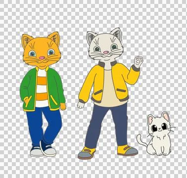 Two cats in suits and a small cat sitting, color drawing of cats Stock Illustration