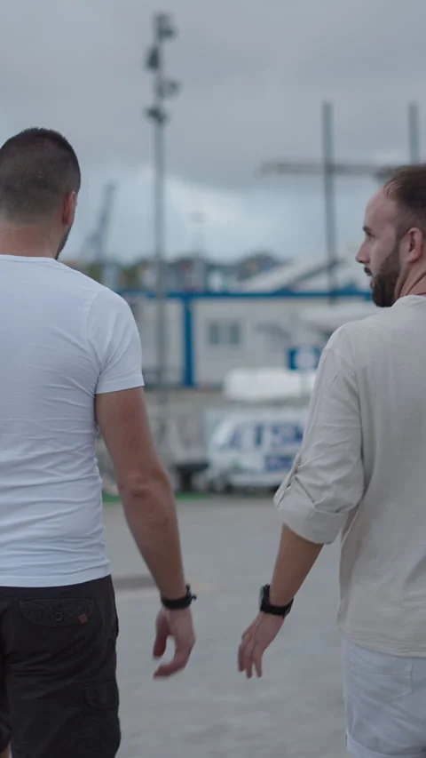 Two Caucasian men talking while walking Stock Footage 264923315