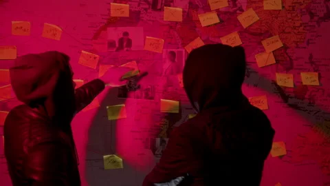Two Caucasian young men looking at wall map with strings Stock-Footage 181791533
