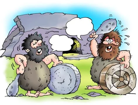 Two cave with with their stone wheels Stock Illustration