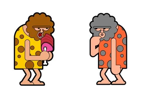 Two Caveman think and blunt. Prehistoric man expect. Ancient man think Stock Illustration