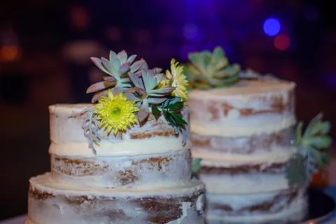 Two celebratory cake on a table. Night scene. Stock Photos