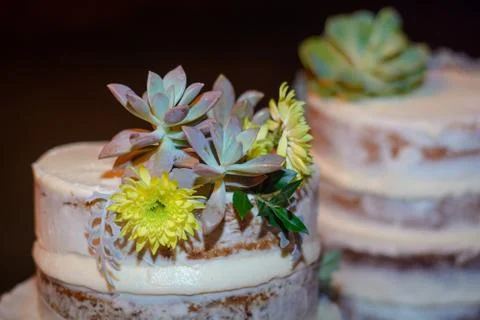 Two celebratory cake on a table. Night scene. Stock Photos