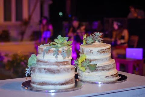 Two celebratory cake on a table. Night scene. Foto stock