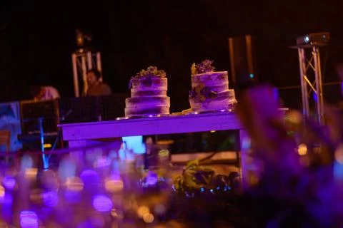 Two celebratory cake on a table. Night scene. Foto stock