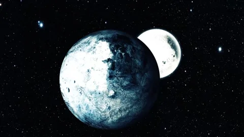 Two celestial bodies in space, one in the foreground with a rocky surface a.. Stock Footage 318107685