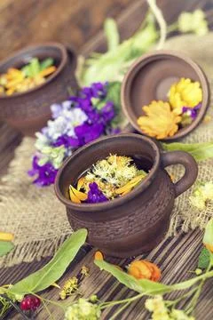 Two ceramic cups of healthy herbal tea with decoction of dry and fresh flowers Stock Photos