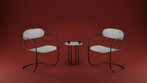 Two chairs and coffee table in red room. Interview, studio and design concept Stock Illustration