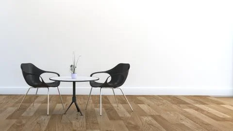 Two chairs and Dining table, wooden floor and whitte wall. 3D rendering Stock Illustration