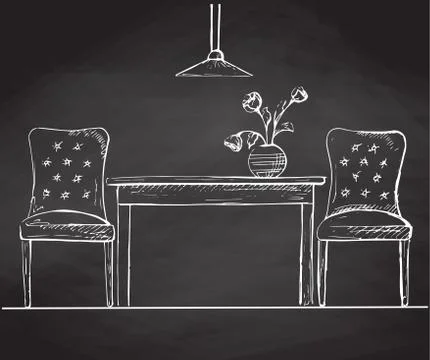 Two chairs and a table on the chalkboard. Illustrazione stock