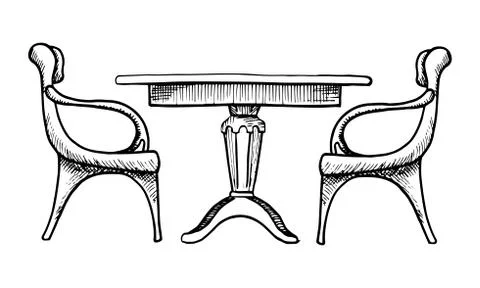 Two chairs and a table. Vector illustration in a sketch style. Stock Illustration