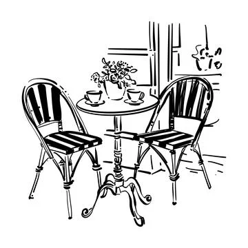 Two chairs and tea cups on the table. Stock Illustration