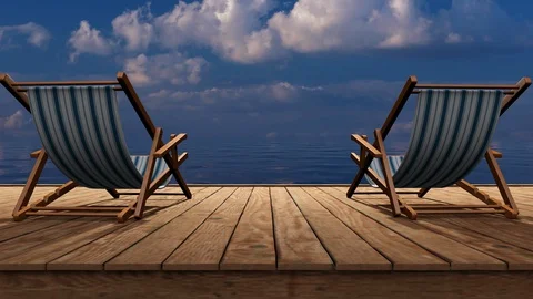 Two chairs, a deck chair for relaxing at sea in the tropics. 3d illustration. Stock-Footage 127815881