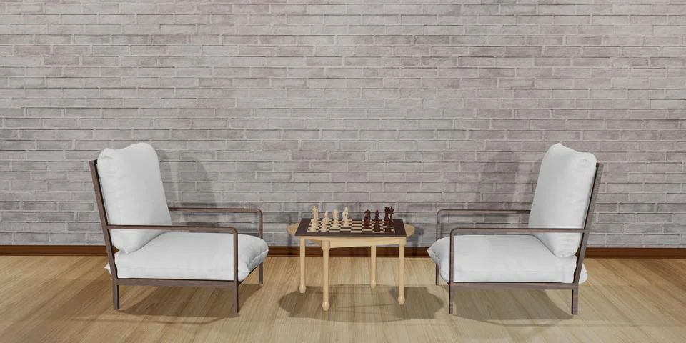 Two chairs facing each other. With a table with a chess board placed Interior Stock Illustration
