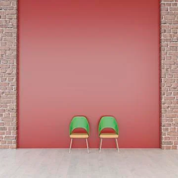 Two chairs in front of red wall, 3d rendering Ilustración de archivo