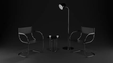 Two chairs, table and a lamp in a dark room. Place for an interview. 3D Stock Illustration