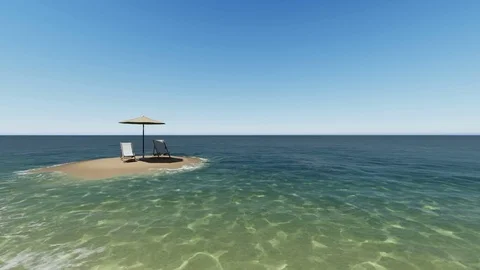 Two chairs under an umbrella at the beach by sunny day - 3D render Stock Footage 75662163
