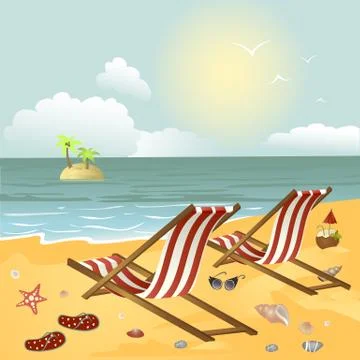 Two chaise longue on the beach Stock Illustration