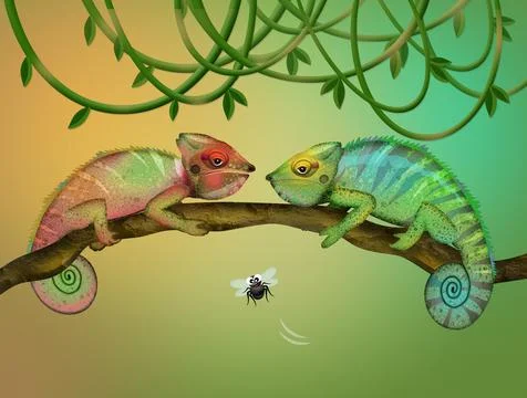 Two chameleons on the branch Stock Illustration