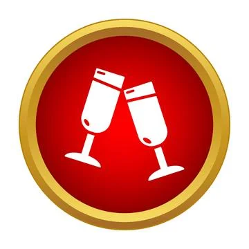 Two champagne glasses clinking in a red and gold circle icon Stock Illustration