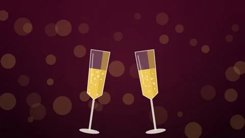 Two champagne glasses clinking in a toast with rising bubbles and gold sparkles Stock Footage 348621953