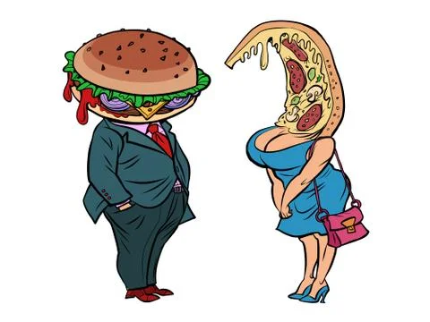 Two characters Burger and pizza meet and talk Stock Illustration