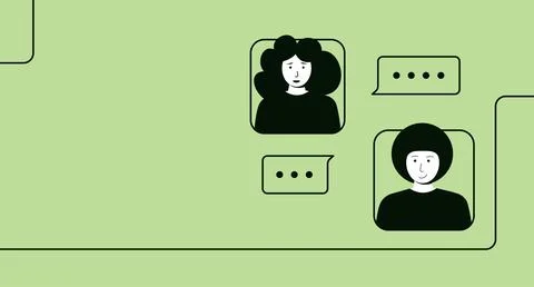 Two characters engaged in a text conversation against a light green backgroun Иллюстрация