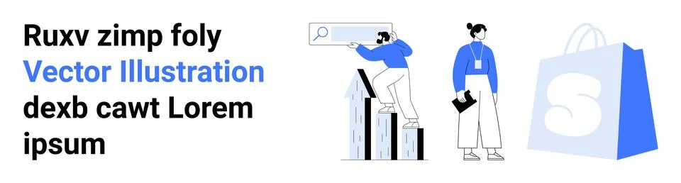 Two characters engaging in data analysis with a search bar and graph, accompa Stock Illustration