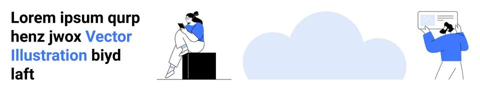 Two characters, one sitting with a tablet and another holding a tablet, large Illustrazione stock