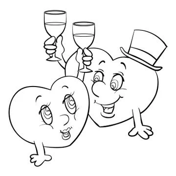 Two characters in the shape of a heart hold glasses in their hands and celebrate Stock Illustration