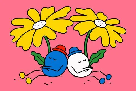 Two Characters Under Yellow Flowers Stock Illustration