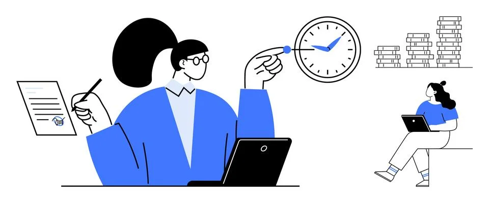 Two characters working on laptops, one handling documents, and a clock highli Illustration