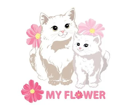 Two charming cute white kitties with big eyes stands in pink flowers Stock Illustration