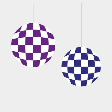 Two checkered disco balls hanging on strings, purple and blue colors Stock Illustration